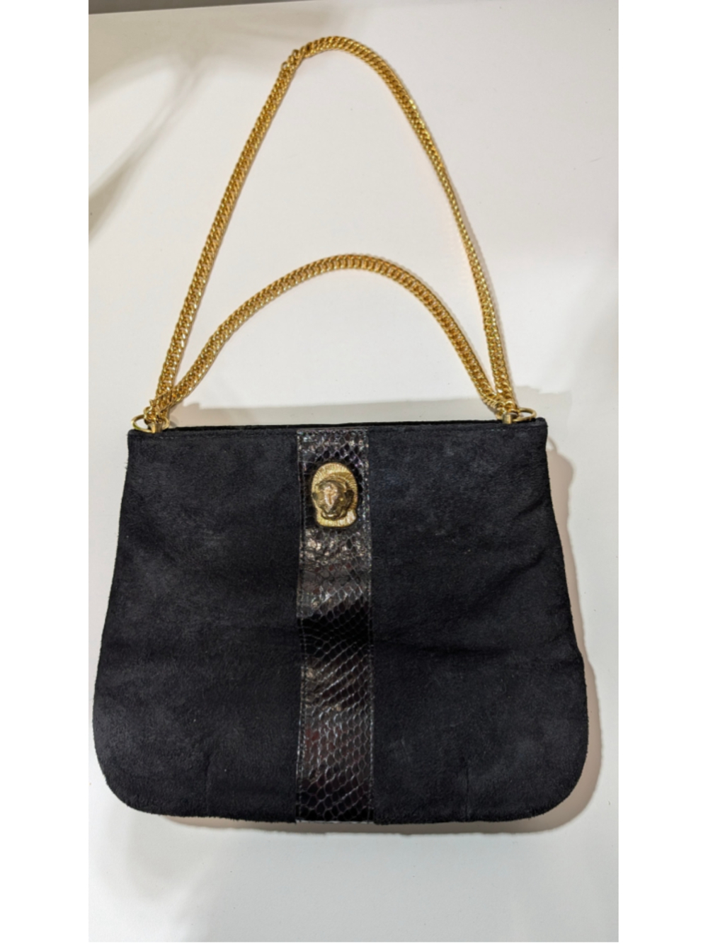Women's 1970's Ruth Saltz Cougar Shoulder Bag Black Gold Chain Strap 10x8x5.5